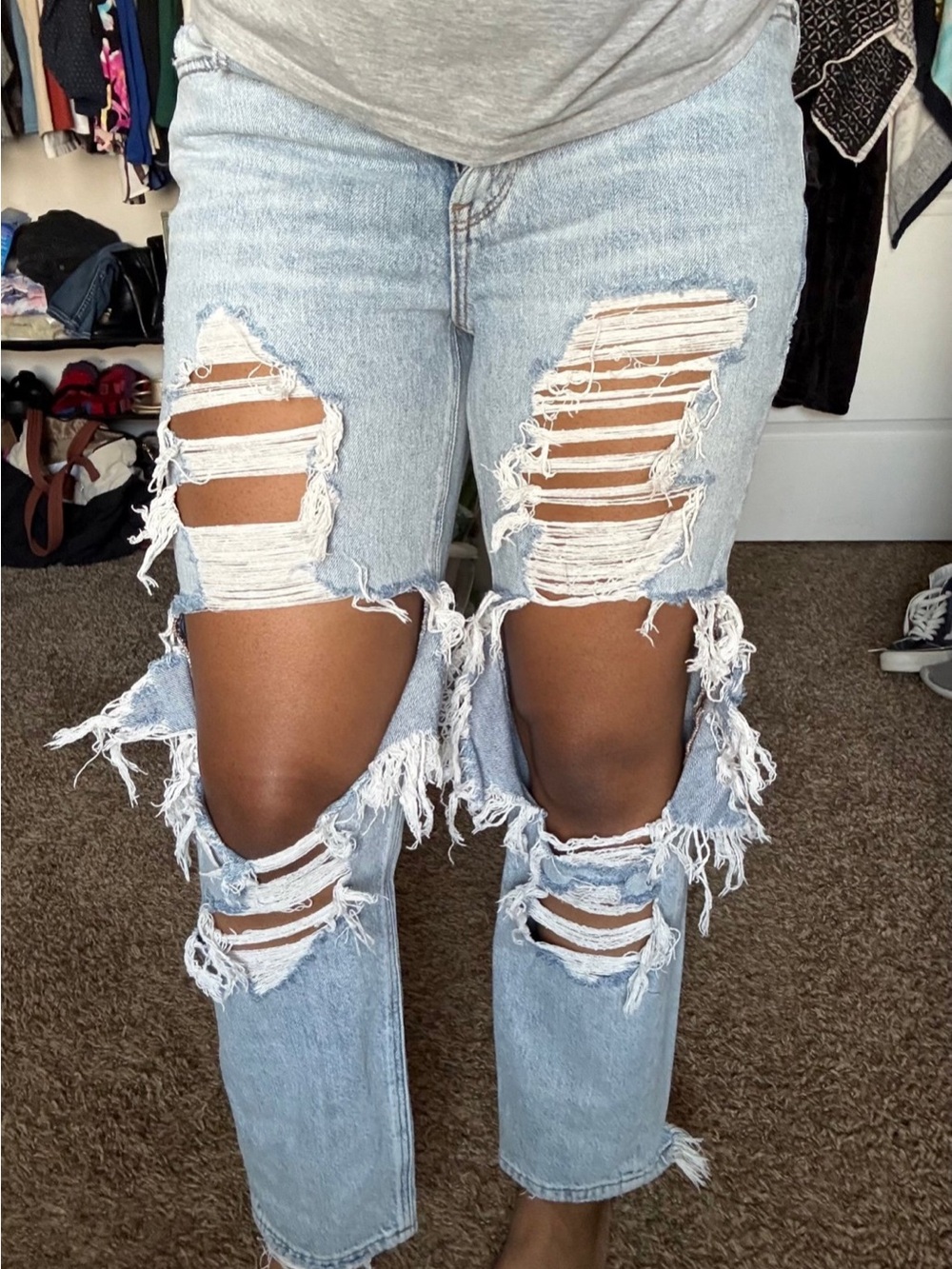 Light Blue Distressed High-Rise Mom Jeans